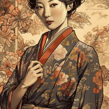 Digitale Kunst getiteld "1980s style geisha…" door C.Moonheart, Origineel Kunstwerk, AI gegenereerde afbeelding