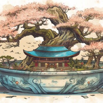 Arte digital titulada "Sakura bonsai tempel" por C.Moonheart, Obra de arte original, Imagen generada por IA