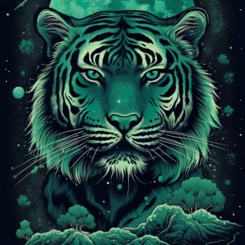 Arte digitale intitolato "Green Moon Tiger" da C.Moonheart, Opera d'arte originale, Immagine generata dall'IA