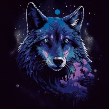 Digitale Kunst getiteld "Blue violet Wolf" door C.Moonheart, Origineel Kunstwerk, AI gegenereerde afbeelding