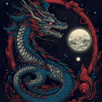 "Chinese Dragon blue…" başlıklı Dijital Sanat C.Moonheart tarafından, Orijinal sanat, AI tarafından oluşturulan görüntü