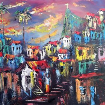 Картина под названием "Favela com Cristo R…" - C. Nascimento, Подлинное произведение искусства, Акрил