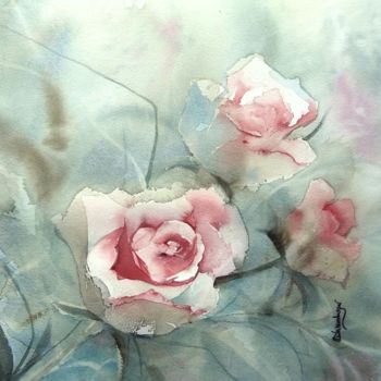 Painting titled "Mes roses 2" by Christine Weissenberger, Original Artwork, Watercolor