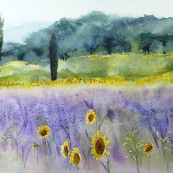 Pintura intitulada "Paysage de Provence" por Christine Weissenberger, Obras de arte originais, Aquarela