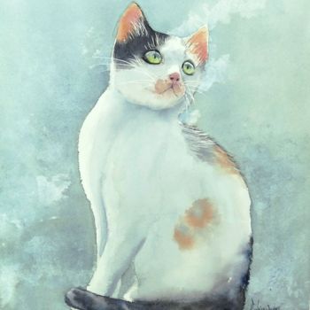 Pintura intitulada "Le chat rêveur" por Christine Weissenberger, Obras de arte originais, Aquarela