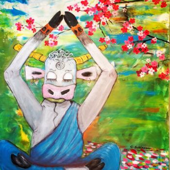 Картина под названием "Joga Lotus-Sitz 80x…" - Cäcilia Schlapper, Подлинное произведение искусства, Акрил Установлен на Дере…