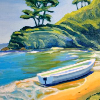 Painting titled "Barque sur la plage" by Christophe Cadiot, Original Artwork, Oil
