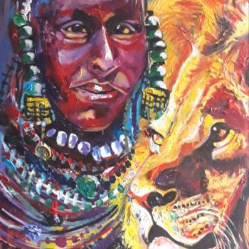 Peinture intitulée "Masai Hunter,Masai…" par Othman Mussa, Œuvre d'art originale, Acrylique
