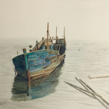 Painting titled "The boat watercolor…" by Fangcai, Original Artwork, Watercolor