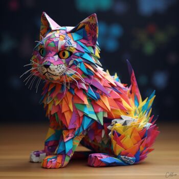 Artes digitais intitulada "Le chat de papier" por Calahaan, Obras de arte originais, Modelagem 3D