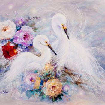 Pittura intitolato "white heron" da Elena, Opera d'arte originale, Olio