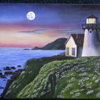 Painting titled "moon over lighthouse" by Kathleen Zinkovitch, Original Artwork, Oil