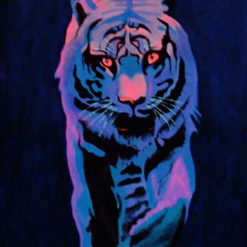 Painting titled "tigre neon" by Camila Cardoso, Original Artwork, Acrylic Mounted on Wood Panel