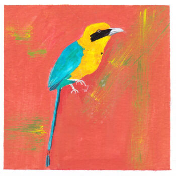 Painting titled "Motmot" by Cmh, Original Artwork, Gouache Mounted on Wood Panel