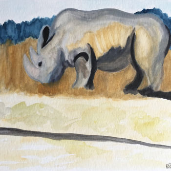 Peinture intitulée "Rhinocéros" par Camille Rouschmeyer, Œuvre d'art originale, Aquarelle