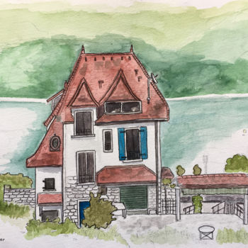 Drawing titled "Une maison au bord…" by Camille Rouschmeyer, Original Artwork, Watercolor