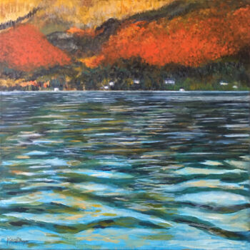 Painting titled "Lac et montagnes en…" by Camille Rouschmeyer, Original Artwork, Acrylic Mounted on Wood Stretcher frame