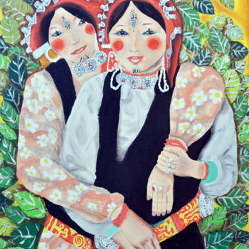Painting titled "Les deux soeurs Tib…" by Padma Hiroko, Original Artwork, Oil Mounted on Wood Stretcher frame