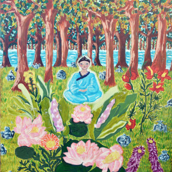 Painting titled "Le méditant Bleu" by Padma Hiroko, Original Artwork, Oil Mounted on Wood Stretcher frame