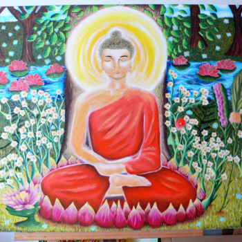 Painting titled "Bouddha" by Padma Hiroko, Original Artwork, Oil