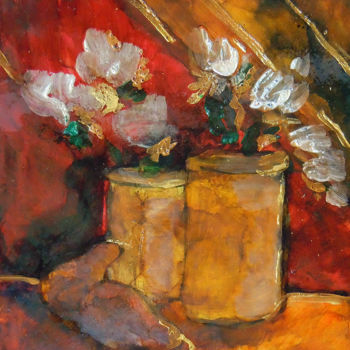 Картина под названием "2 Vasi con fiori bi…" - Cam Brivio, Подлинное произведение искусства, Масло