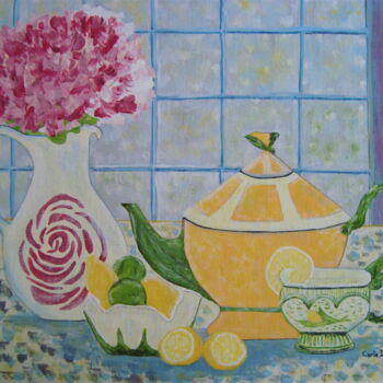 Painting titled "Tea Time Oasis" by Carla Dancey, Original Artwork, Acrylic