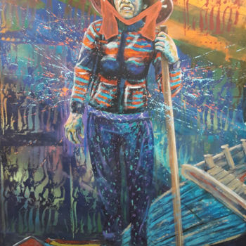 Painting titled "Femme sur barque" by Jean-Michel Canal, Original Artwork, Acrylic Mounted on Wood Stretcher frame