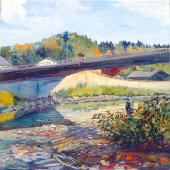Painting titled "Fishing in Winooski" by Candy Barr, Original Artwork, Oil
