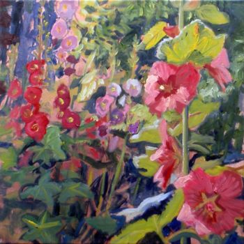 Painting titled "Hollyhocks" by Candy Barr, Original Artwork, Oil