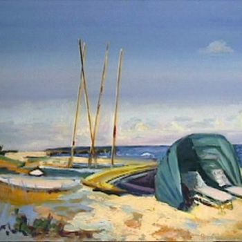 Painting titled "Beached Sailboats" by Candy Barr, Original Artwork, Oil