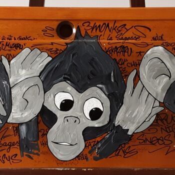 Schilderij getiteld "Singes Trio" door Captain Niglo, Origineel Kunstwerk, Acryl