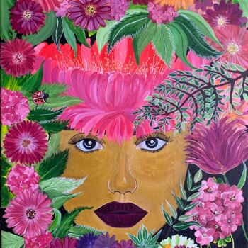绘画 标题为“La fille en fleur” 由Cara Keya, 原创艺术品, 丙烯 安装在木质担架架上