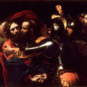 Painting titled "The Taking of Christ" by Caravaggio, Original Artwork, Oil