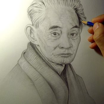 Drawing titled "Yasunari Kawabata" by Enrique Carceller Alcón, Original Artwork, Graphite