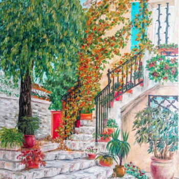 Painting titled "Escaliers Fleuris d…" by Cardoso Manu, Original Artwork, Oil Mounted on Wood Stretcher frame