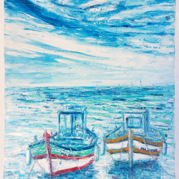 Painting titled "BARQUES DE PECHE SO…" by Cardoso Manu, Original Artwork, Oil Mounted on Wood Stretcher frame