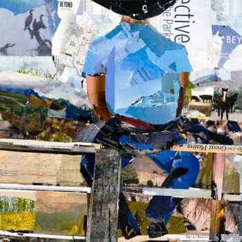 Colagens intitulada "Cowboy on a Fence" por Caren Keyser, Obras de arte originais, Colagens