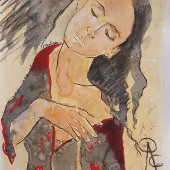 Peinture intitulée "Veste en rouge" par Carine Berbain, Œuvre d'art originale, Encre