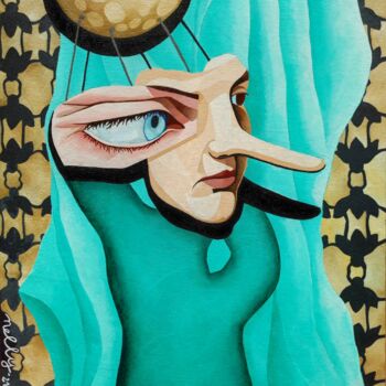 Painting titled "La menteuse en scène" by Carine Capelle (Nelly), Original Artwork, Acrylic Mounted on Cardboard