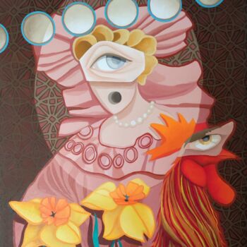 Painting titled "Le coq et sa poule" by Carine Capelle (Nelly), Original Artwork, Acrylic Mounted on Wood Stretcher frame