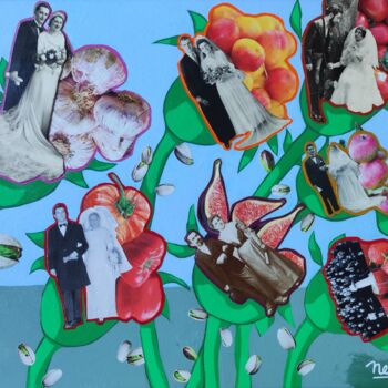 Collages intitolato "Les mariages de sai…" da Carine Capelle (Nelly), Opera d'arte originale, Acrilico Montato su Pannello d…