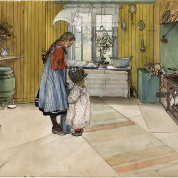 Painting titled "La cuisine" by Carl Larsson, Original Artwork, Watercolor