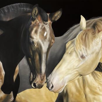 Painting titled "Couple de chevaux" by Carla Moretti, Original Artwork, Pastel Mounted on Other rigid panel