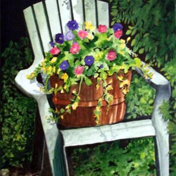 Painting titled "Little Garden Chair" by Carla J Connelly, Original Artwork, Oil