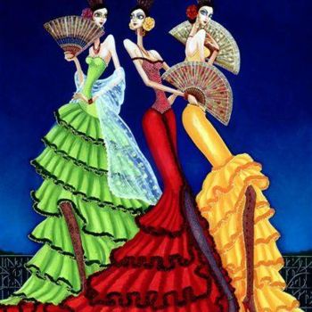 Pintura titulada "Gitanas con abanicos" por Carlos Andino, Obra de arte original, Oleo