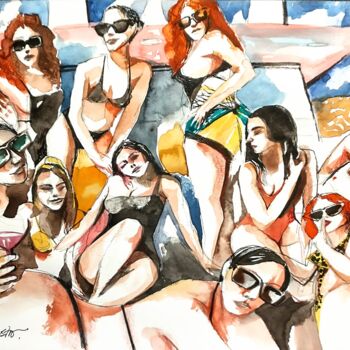 Painting titled "Filles coquines" by Decastro, Original Artwork, Watercolor