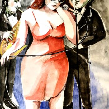 Картина под названием "La femme en rouge" - Decastro, Подлинное произведение искусства, Акварель