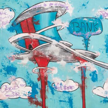 Painting titled "The Jetsons Bank" by Carlos Pun, Original Artwork, Acrylic Mounted on Wood Stretcher frame