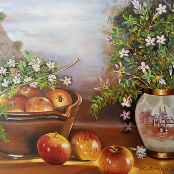 Painting titled "Bodegón con manzanas" by Carmen Gimeno Piquer, Original Artwork, Oil