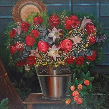 Painting titled "Pozal con rosas" by Carmen Gimeno Piquer, Original Artwork, Oil Mounted on Wood Stretcher frame